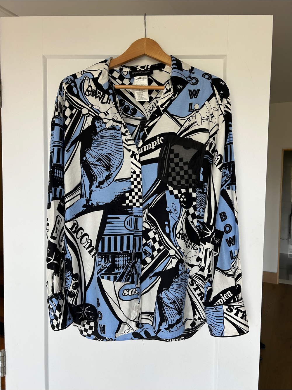 Sportmax Blue Black and White Graphic Button-Up Blouse